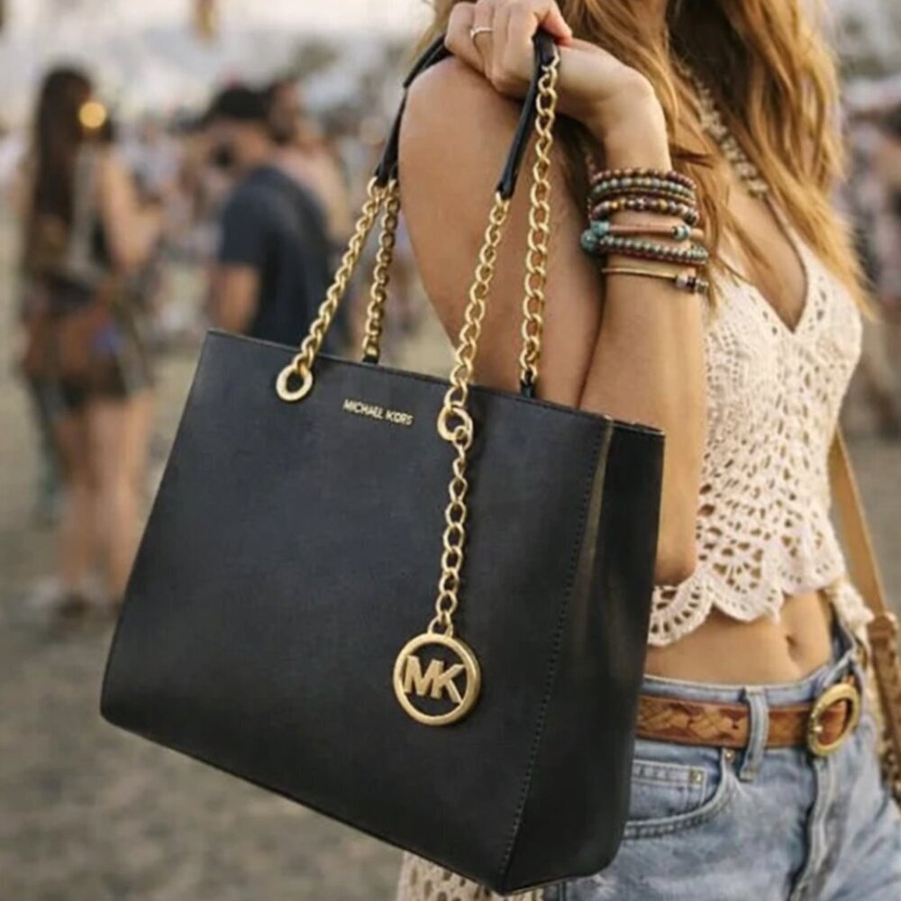 Michael Kors Susannah Black Saffiano Leather Structured Satchel Tote Gold Chain